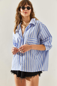 Kadın V Yaka Oversize Çizgili Gömlek 4458 60251331 - Mavi-Siyah GÖMLEK modelleri