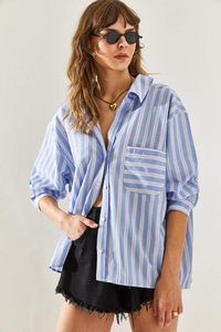 Kadın V Yaka Oversize Çizgili Gömlek 4458 60251331 - Mavi-Siyah GÖMLEK modelleri
