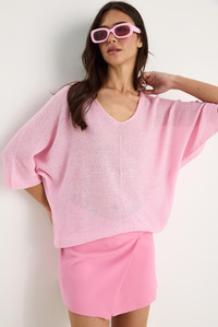 Kadın V Yaka Selanik Örgü Oversize Triko Bluz TY251045 60283338 - Şeker Pembe