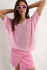 Kadın V Yaka Selanik Örgü Oversize Triko Bluz TY251045 60283338 - Şeker Pembe