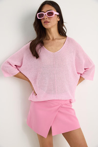 Kadın V Yaka Selanik Örgü Oversize Triko Bluz TY251045 60283338 - Şeker Pembe