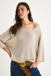 Kadın V Yaka Selanik Örgü Oversize Triko Bluz TY251045 60283338 - Bej