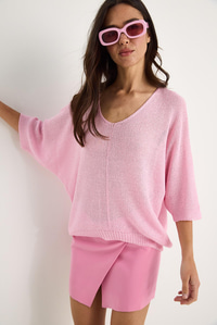 Kadın V Yaka Selanik Örgü Oversize Triko Bluz TY251045 60283338 - Şeker Pembe