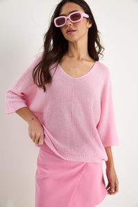 Kadın V Yaka Selanik Örgü Oversize Triko Bluz TY251045 60283338 - Şeker Pembe