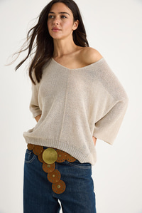 Kadın V Yaka Selanik Örgü Oversize Triko Bluz TY251045 60283338 - Bej