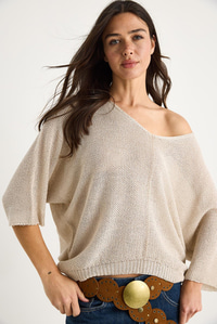 Kadın V Yaka Selanik Örgü Oversize Triko Bluz TY251045 60283338 - Bej