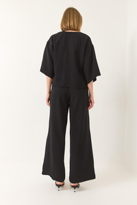 Kadın V Yaka Yarasa Kol Keten Kimono Palazzo Pantolonlu Alt-Üst Takım 9295 60281019 - Siyah