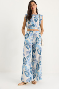 Kadın Vatkalı Beli Lastikli Crop Bluz Bol Pantolonlu Desenli Keten Alt-Üst Takım 25-086 60283430 - Mavi
