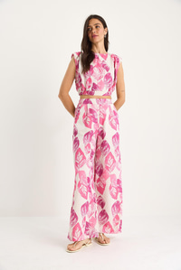 Kadın Vatkalı Beli Lastikli Crop Bluz Bol Pantolonlu Desenli Keten Alt-Üst Takım 25-086 60283430 - Pembe