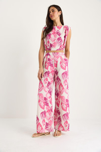 Kadın Vatkalı Beli Lastikli Crop Bluz Bol Pantolonlu Desenli Keten Alt-Üst Takım 25-086 60283430 - Pembe