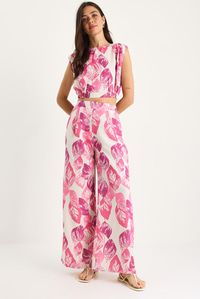 Kadın Vatkalı Beli Lastikli Crop Bluz Bol Pantolonlu Desenli Keten Alt-Üst Takım 25-086 60283430 - Pembe