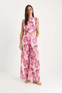 Kadın Vatkalı Beli Lastikli Crop Bluz Bol Pantolonlu Desenli Keten Alt-Üst Takım 25-086 60283430 - Pembe
