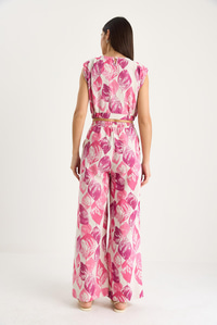 Kadın Vatkalı Beli Lastikli Crop Bluz Bol Pantolonlu Desenli Keten Alt-Üst Takım 25-086 60283430 - Pembe