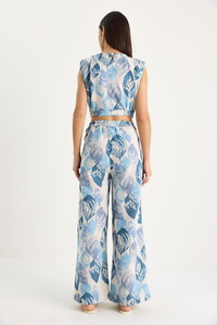 Kadın Vatkalı Beli Lastikli Crop Bluz Bol Pantolonlu Desenli Keten Alt-Üst Takım 25-086 60283430 - Mavi