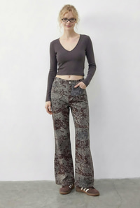Kadın Vintage Desen Yüksek Bel Denim Pantolon DP251033 60286008 - Gri-Kahverengi PANTOLON modelleri