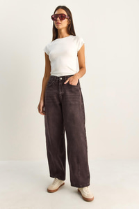 Kadın Vintage Yıkamalı Baggy Kesim Rahat Kalıp Denim Pantolon 703 60286060 - Patlıcan PANTOLON modelleri