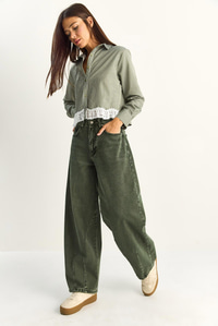 Kadın Vintage Yıkamalı Baggy Kesim Rahat Kalıp Denim Pantolon 703 60286060 - Haki PANTOLON modelleri