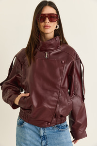Kadın Viral Oversize Yüksek Yaka Apolet Detaylı Suni Deri Ceket 8058 60286526 - Bordo CEKET modelleri