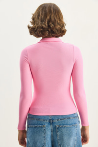 Kadın Vücudu Saran Yarım Fermuarlı Fitilli Likralı Polo Yaka Basic Bluz 8073 60283602 - Şeker Pembe BLUZ modelleri