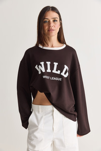 Kadın Wild Baskılı Bisiklet Yaka Oversize Uzun Kollu Sweatshirt 2392 60286691 - Acı Kahve SWEATSHİRT modelleri