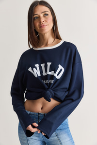 Kadın Wild Baskılı Bisiklet Yaka Oversize Uzun Kollu Sweatshirt 2392 60286691 - Lacivert SWEATSHİRT modelleri