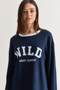 Kadın Wild Baskılı Bisiklet Yaka Oversize Uzun Kollu Sweatshirt 2392 60286691 - Lacivert SWEATSHİRT modelleri