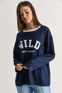 Kadın Wild Baskılı Bisiklet Yaka Oversize Uzun Kollu Sweatshirt 2392 60286691 - Lacivert SWEATSHİRT modelleri