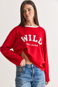 Kadın Wild Baskılı Bisiklet Yaka Oversize Uzun Kollu Sweatshirt 2392 60286691 - Kırmızı SWEATSHİRT modelleri