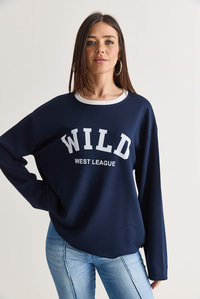 Kadın Wild Baskılı Bisiklet Yaka Oversize Uzun Kollu Sweatshirt 2392 60286691 - Lacivert SWEATSHİRT modelleri