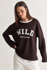 Kadın Wild Baskılı Bisiklet Yaka Oversize Uzun Kollu Sweatshirt 2392 60286691 - Acı Kahve SWEATSHİRT modelleri