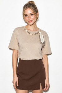 Kadın Yaldız Baskılı Zincir ve Fular Detaylı Oversize T-Shirt 2214 60286293 - Bej T-SHİRT modelleri