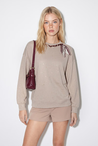 Kadın Yaldız Baskılı Zincir ve Fular Detaylı Modal Oversize Sweatshirt 2266 60286477 - Bej SWEATSHİRT modelleri