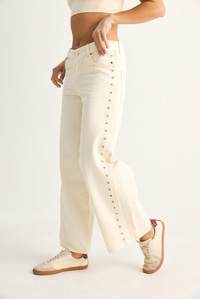 Kadın Yanları Metal Detaylı Wide Leg Denim Pantolon 60282058 - Krem PANTOLON modelleri