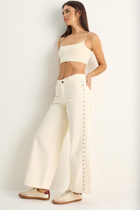 Kadın Yanları Metal Detaylı Wide Leg Denim Pantolon 60282058 - Krem PANTOLON modelleri