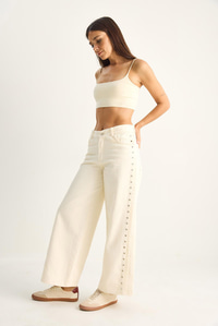 Kadın Yanları Metal Detaylı Wide Leg Denim Pantolon 60282058 - Krem PANTOLON modelleri