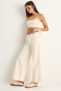 Kadın Yanları Metal Detaylı Wide Leg Denim Pantolon 60282058 - Krem PANTOLON modelleri
