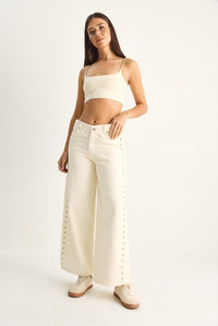 Kadın Yanları Metal Detaylı Wide Leg Denim Pantolon 60282058 - Krem PANTOLON modelleri