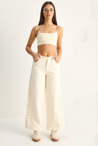 Kadın Yanları Metal Detaylı Wide Leg Denim Pantolon 60282058 - Krem PANTOLON modelleri
