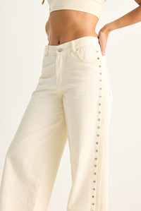 Kadın Yanları Metal Detaylı Wide Leg Denim Pantolon 60282058 - Krem PANTOLON modelleri