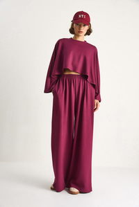 Kadın Yarasa Kol Crop Beli Lastikli Pantolon Modal Alt-Üst Takım 4025  60284068 - Vişne ALT - ÜST TAKIM modelleri