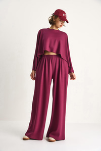 Kadın Yarasa Kol Crop Beli Lastikli Pantolon Modal Alt-Üst Takım 4025  60284068 - Vişne ALT - ÜST TAKIM modelleri