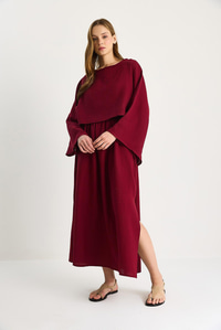 Kadın Yarasa Kol Crop Yırtmaç Detay Etek Müslin Takım 9280-1 60283504 - Bordo