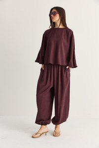 Kadın Yarasa Kol Oversize Bluz Şalvar Pantolon Modal Alt-Üst Takım 4183 60286473 - Mürdüm ALT - ÜST TAKIM modelleri