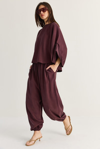 Kadın Yarasa Kol Oversize Bluz Şalvar Pantolon Modal Alt-Üst Takım 4183 60286473 - Mürdüm ALT - ÜST TAKIM modelleri