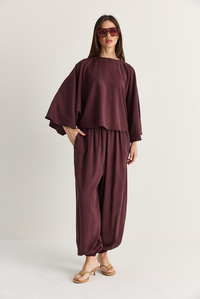 Kadın Yarasa Kol Oversize Bluz Şalvar Pantolon Modal Alt-Üst Takım 4183 60286473 - Mürdüm ALT - ÜST TAKIM modelleri