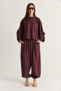 Kadın Yarasa Kol Oversize Bluz Şalvar Pantolon Modal Alt-Üst Takım 4183 60286473 - Mürdüm ALT - ÜST TAKIM modelleri