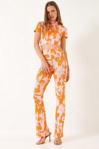 Kadın Yarım Balıkçı Yaka Kısa Kollu Crop Beli Lastikli Pantolonlu Alt-Üst Takım 60261374 - Orange-Pudra