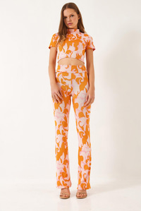 Kadın Yarım Balıkçı Yaka Kısa Kollu Crop Beli Lastikli Pantolonlu Alt-Üst Takım 60261374 - Orange-Pudra