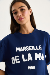 Kadın Yazı Baskılı Bisiklet Yaka %100 Pamuklu Crop T-Shirt 6705 60283450 - Lacivert