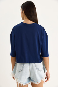 Kadın Yazı Baskılı Bisiklet Yaka %100 Pamuklu Crop T-Shirt 6705 60283450 - Lacivert